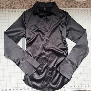 SHEIN Black Satin Button Down Shirt